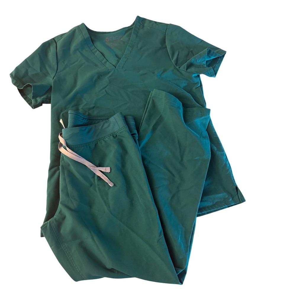 Figs Technical Collection Hunter Green Scrub Set V-Neck Top Drawstring Pants M